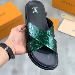 Louis Vuitton Slide Black Green Glossy Monogrammed Straps Crossed Strap Design Slippers