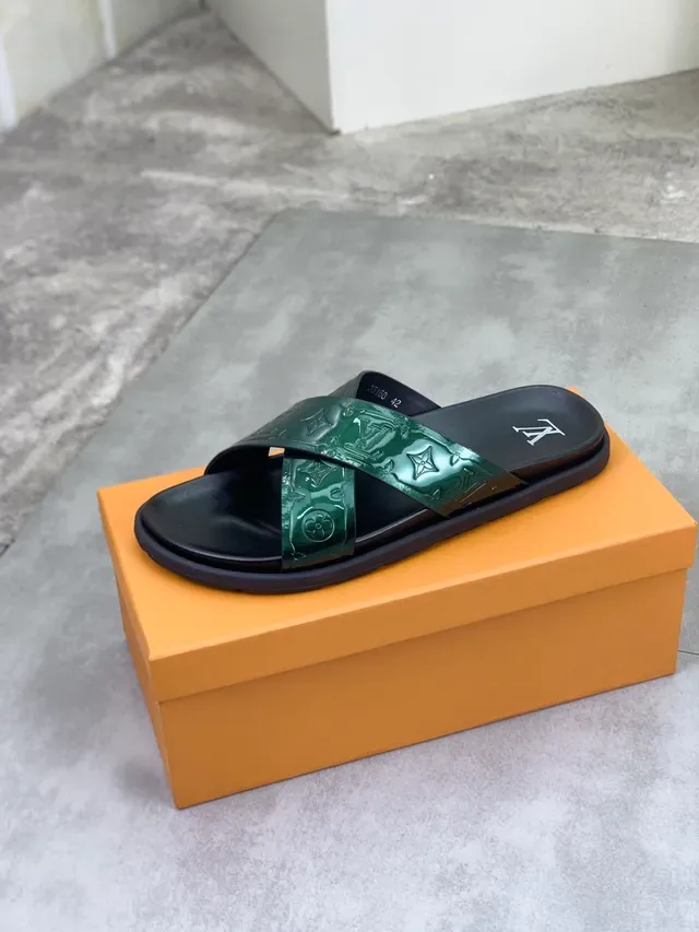 Louis Vuitton Slide Black Green Glossy Monogrammed Straps Crossed Strap Design Slippers 3