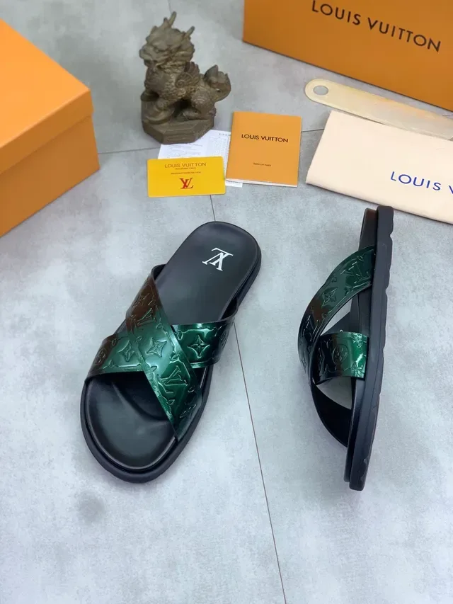 Louis Vuitton Slide Black Green Glossy Monogrammed Straps Crossed Strap Design Slippers 4