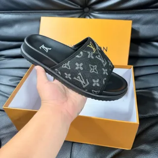 Louis Vuitton Slide Black Silver Monogrammed Fabric Strap Molded Rubber Sole Slippers