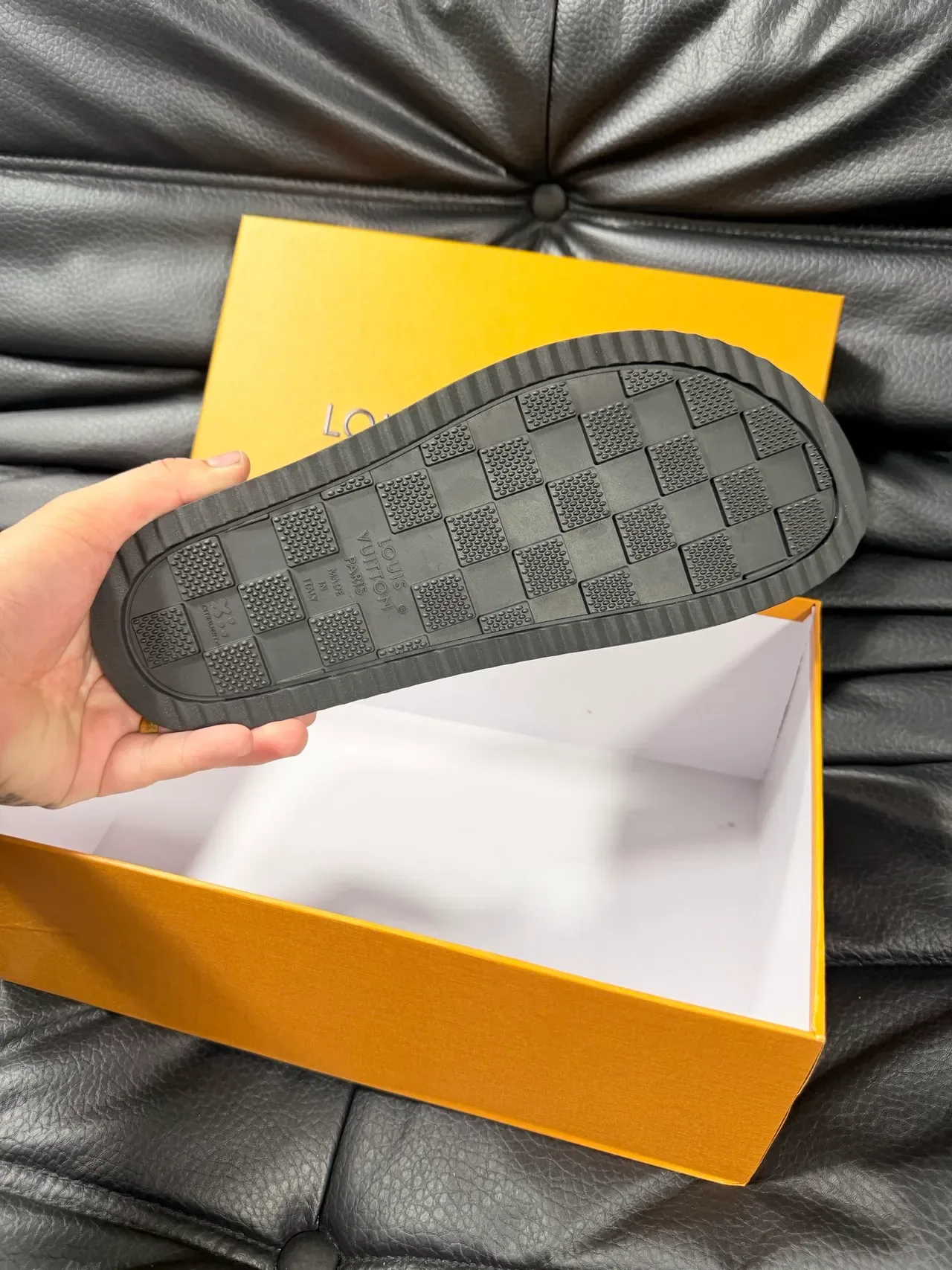 Louis Vuitton Slide Black Silver Monogrammed Fabric Strap Molded Rubber Sole Slippers 2