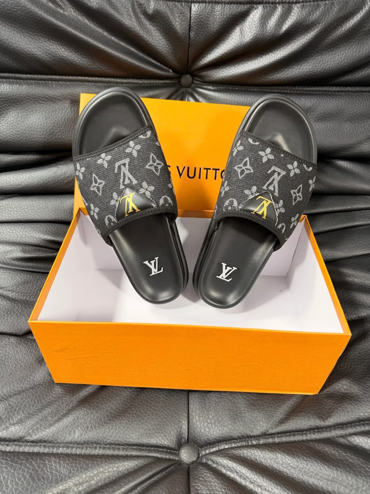 Louis Vuitton Slide Black Silver Monogrammed Fabric Strap Molded Rubber Sole Slippers 3