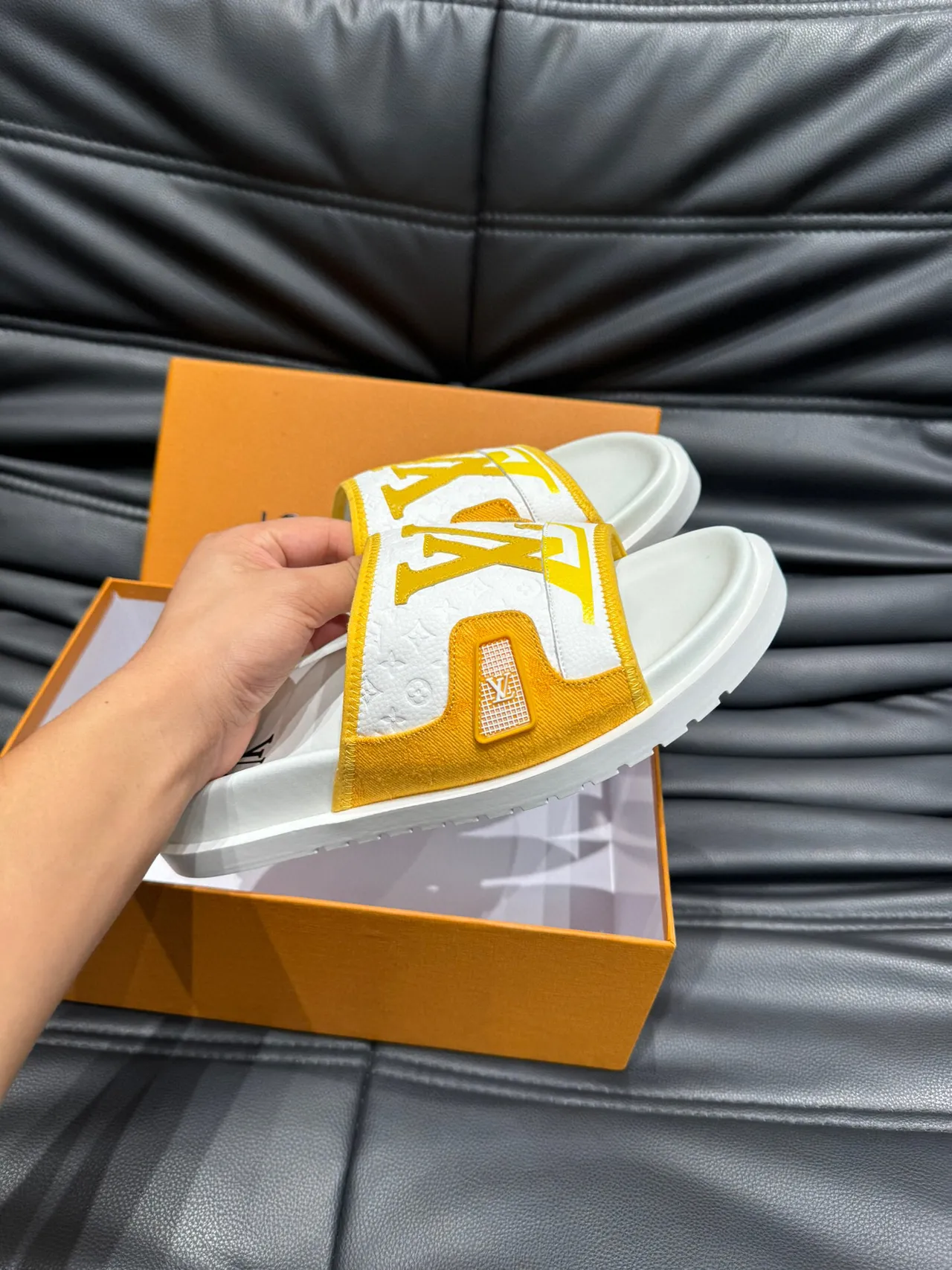 Louis Vuitton Slide Sandal White and Mustard Yellow Slippers 6