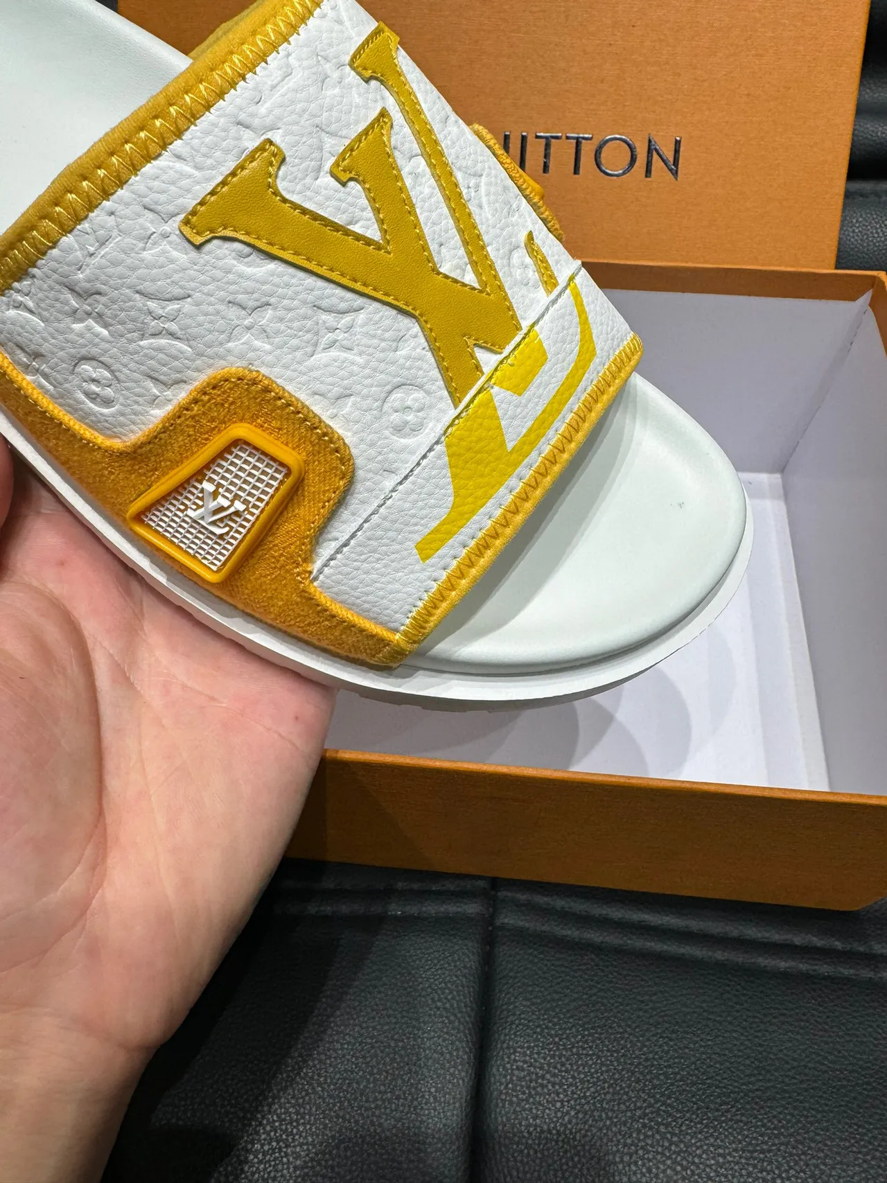 Louis Vuitton Slide Sandal White and Mustard Yellow Slippers 8