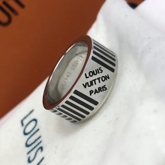 Louis Vuitton Striped Enamel Ring Silver and Black Rings 2