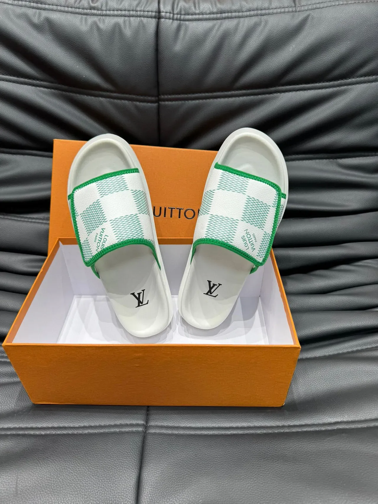 Louis Vuitton White and Green Patterned Platform Slipper 5