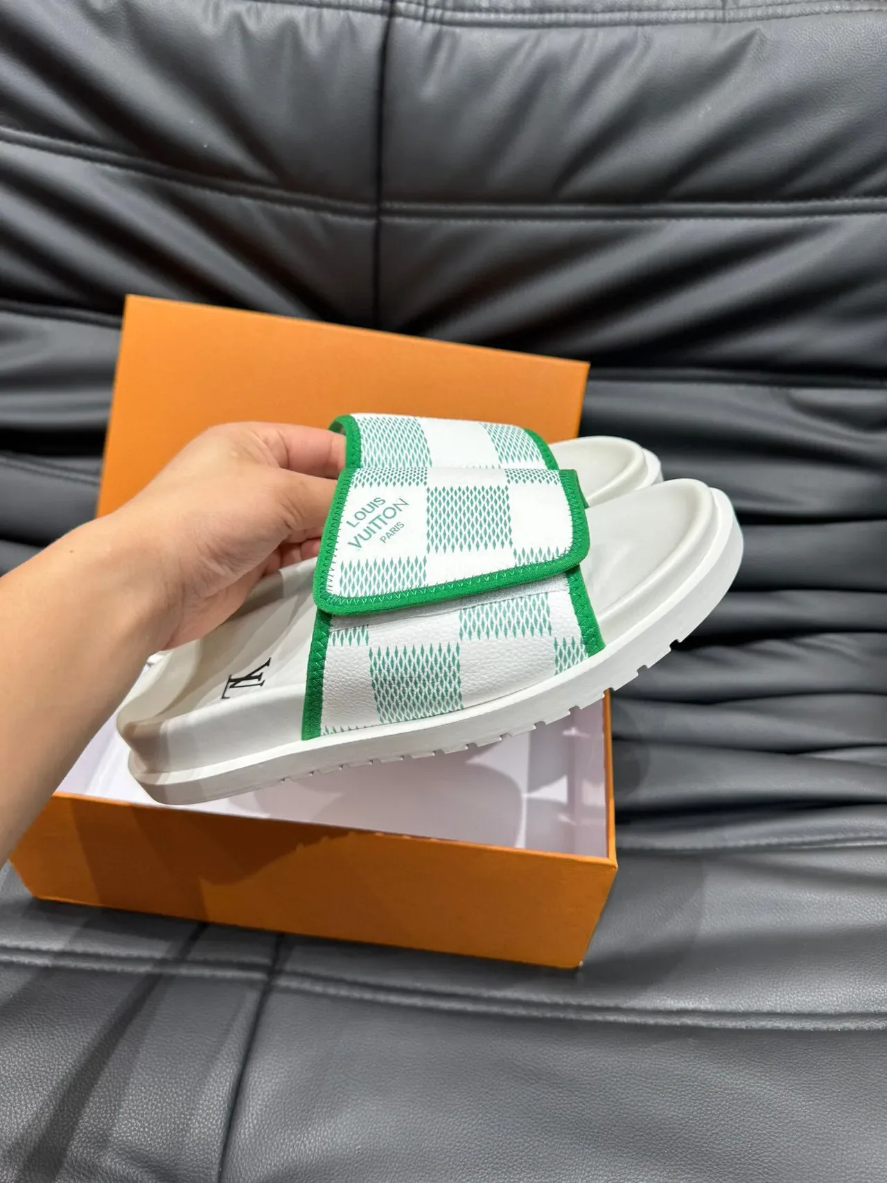 Louis Vuitton White and Green Patterned Platform Slipper 6