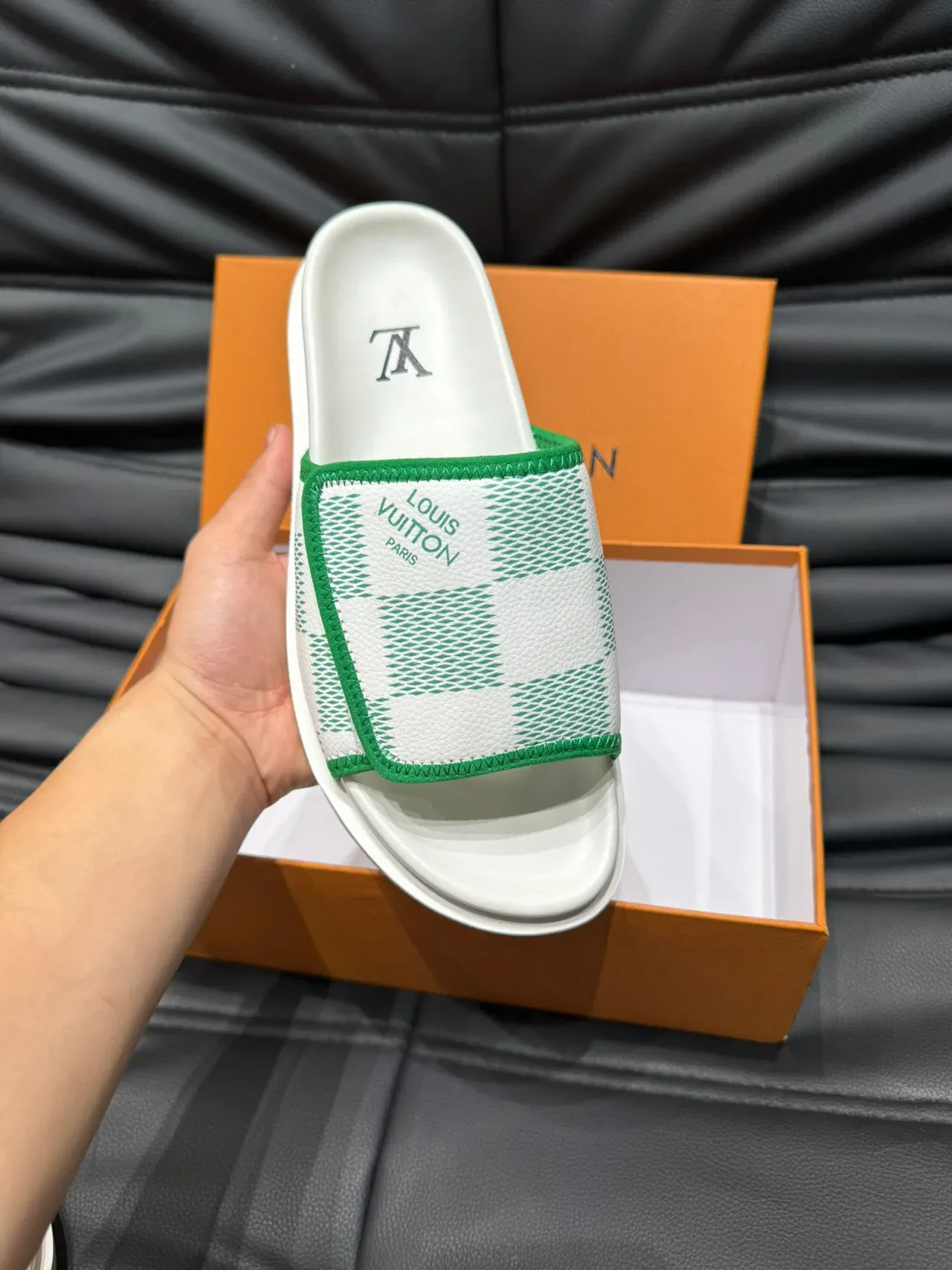 Louis Vuitton White and Green Patterned Platform Slipper 7
