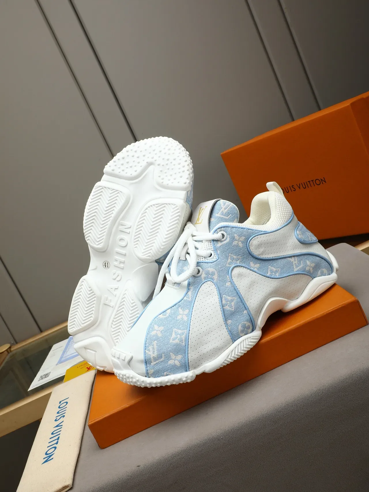 Louis Vuitton White Blue Monogram Canvas Perforated Leather Lifestyle Sneakers 4