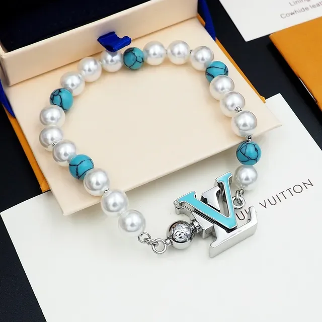 Louis Vuitton White Blue Pearl And Turquoise Bead Strand Enamel LV Monogram Charm Bracelet 2