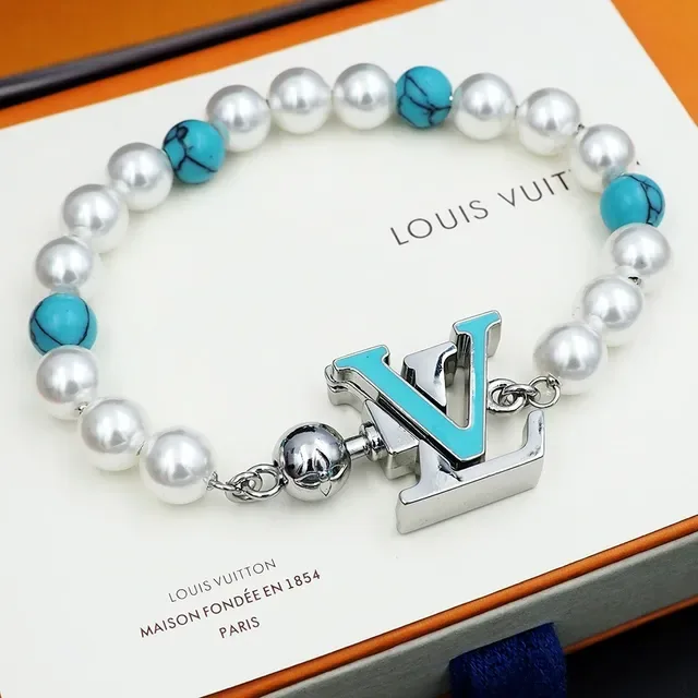 Louis Vuitton White Blue Pearl And Turquoise Bead Strand Enamel LV Monogram Charm Bracelet 3