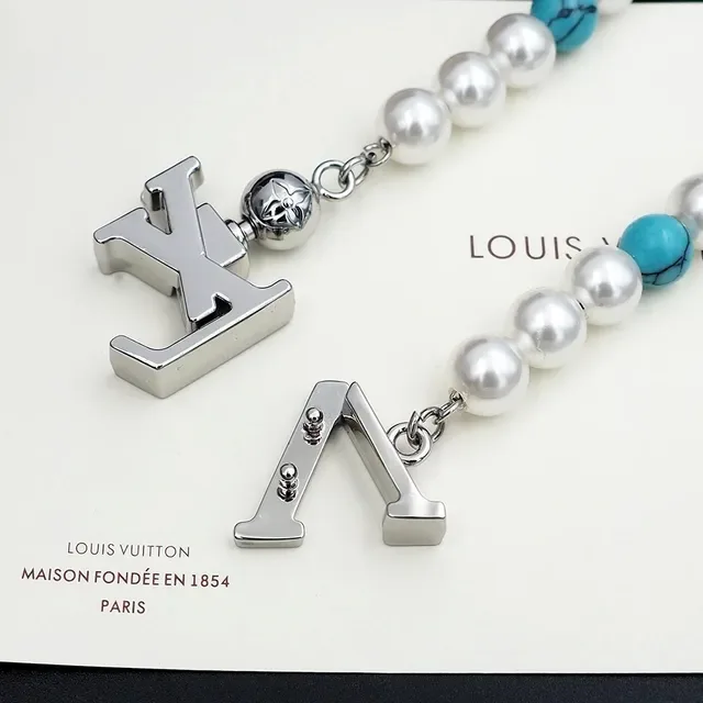 Louis Vuitton White Blue Pearl And Turquoise Bead Strand Enamel LV Monogram Charm Bracelet 4