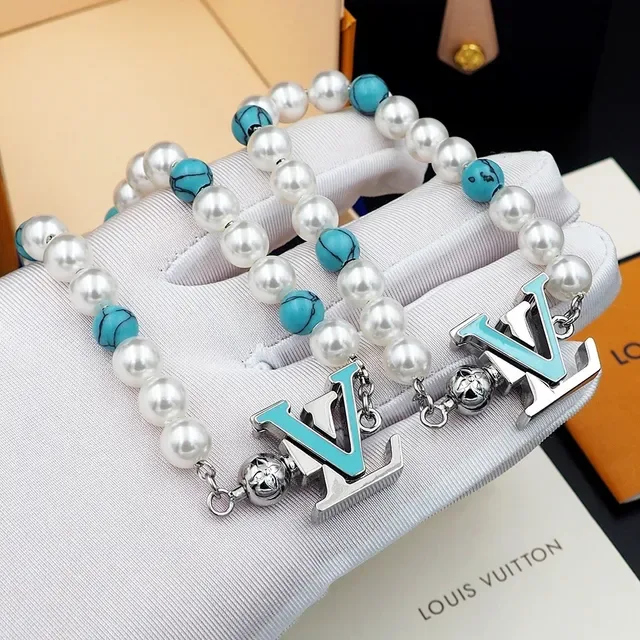 Louis Vuitton White Blue Pearl And Turquoise Bead Strand Enamel LV Monogram Charm Bracelet 5