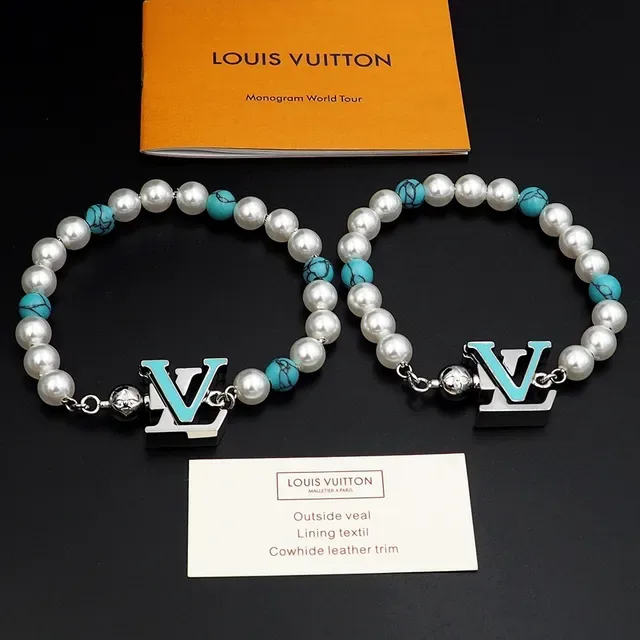 Louis Vuitton White Blue Pearl And Turquoise Bead Strand Enamel LV Monogram Charm Bracelet 8