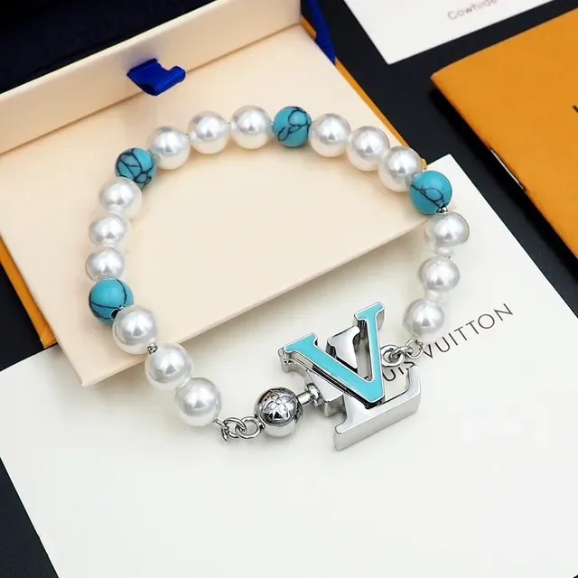 Louis Vuitton White Blue Pearl And Turquoise Bead Strand Enamel LV Monogram Charm Bracelet 9