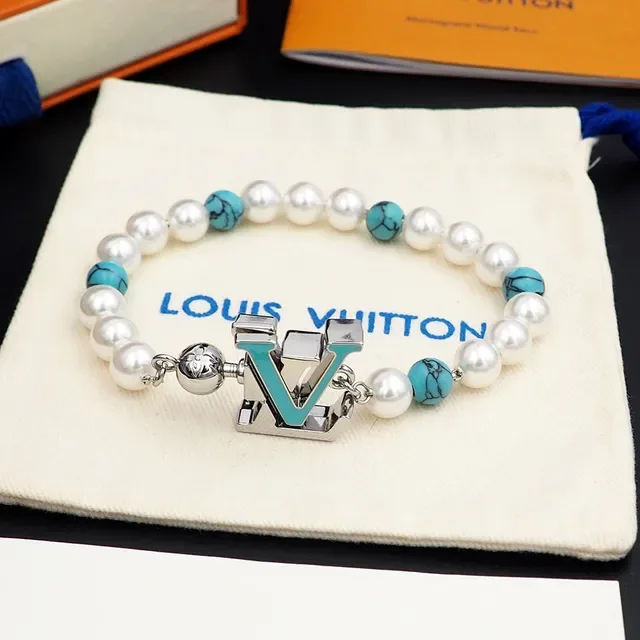 Louis Vuitton White Blue Pearl And Turquoise Bead Strand Enamel LV Monogram Charm Bracelet 10
