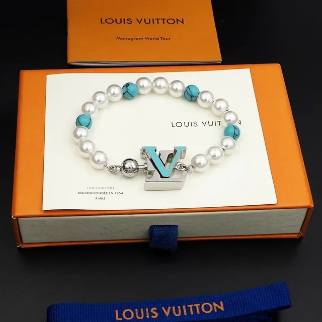 Louis Vuitton White Blue Pearl And Turquoise Bead Strand Enamel LV Monogram Charm Bracelet 11