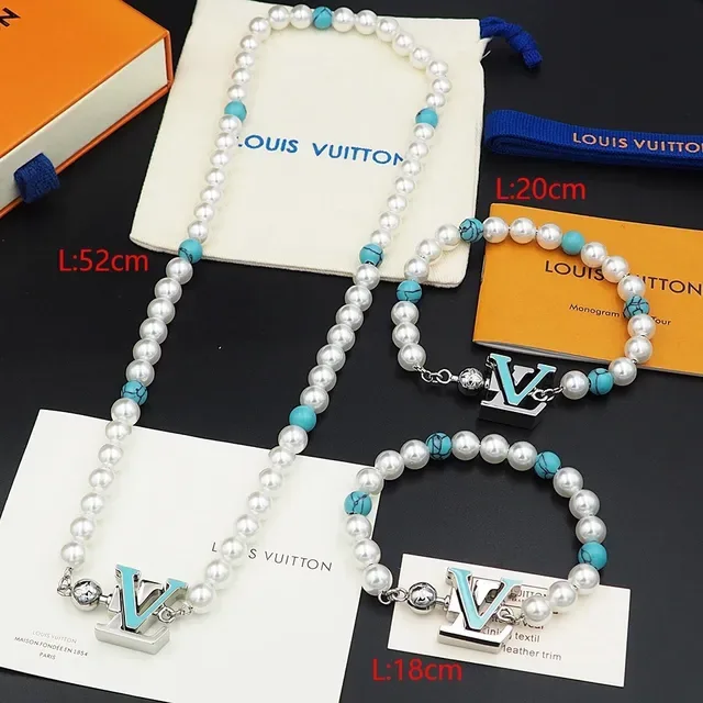 Louis Vuitton White Blue Pearl And Turquoise Bead Strand Enamel LV Monogram Charm Bracelet 12