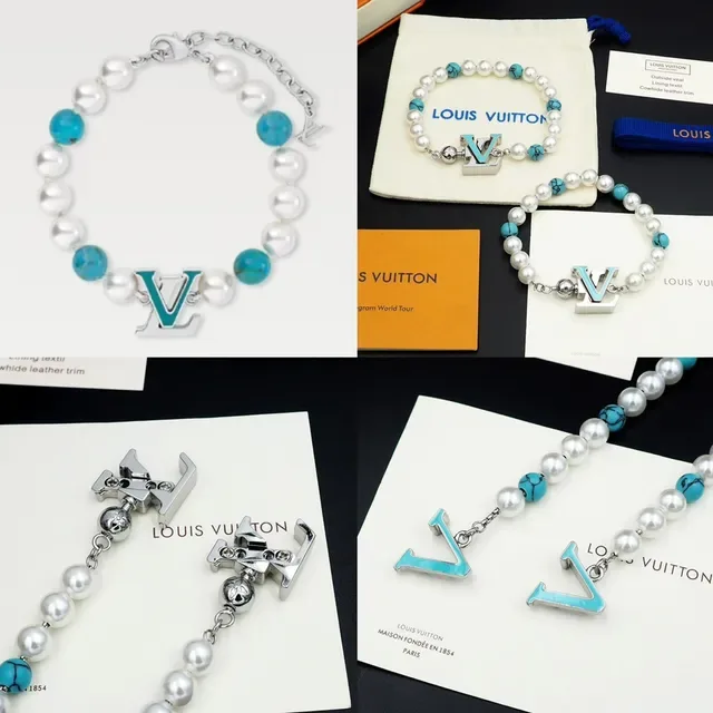 Louis Vuitton White Blue Pearl And Turquoise Bead Strand Enamel LV Monogram Charm Bracelet 14