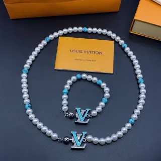 Louis Vuitton White Blue Pearl And Turquoise Beaded LV Monogram Enamel Charm Necklace