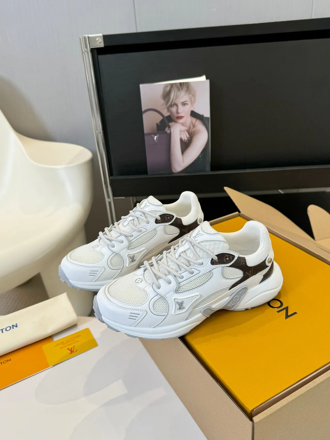 Louis Vuitton White Brown Multi-Layered Mesh And Monogram Leather Embossed LV Logos Chunky Sneakers 2