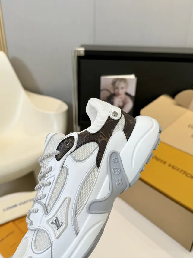 Louis Vuitton White Brown Multi-Layered Mesh And Monogram Leather Embossed LV Logos Chunky Sneakers 5