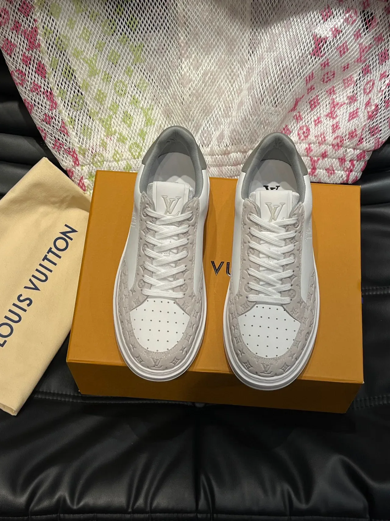 Louis Vuitton White Gray Perforated Monogram Side Logo Embossed LV Suede Lifestyle Sneakers 2