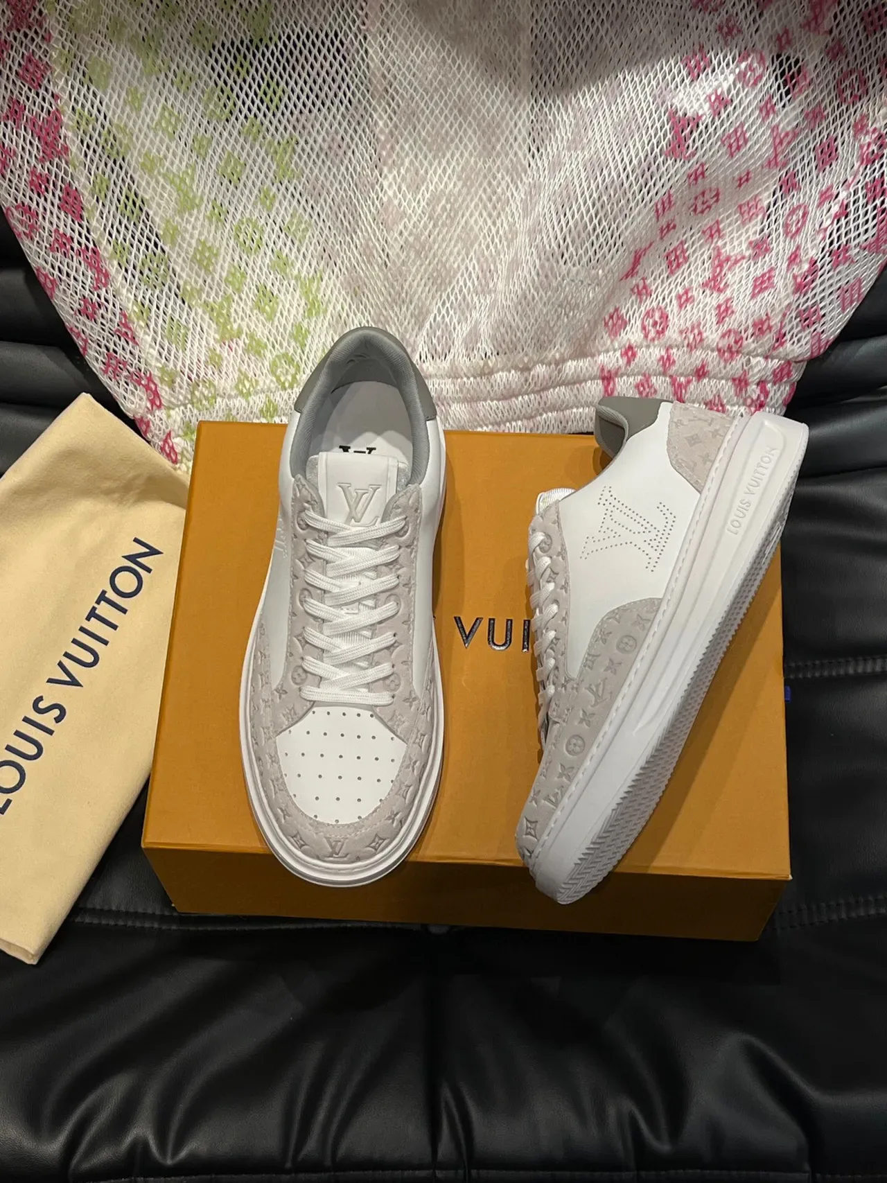 Louis Vuitton White Gray Perforated Monogram Side Logo Embossed LV Suede Lifestyle Sneakers 3
