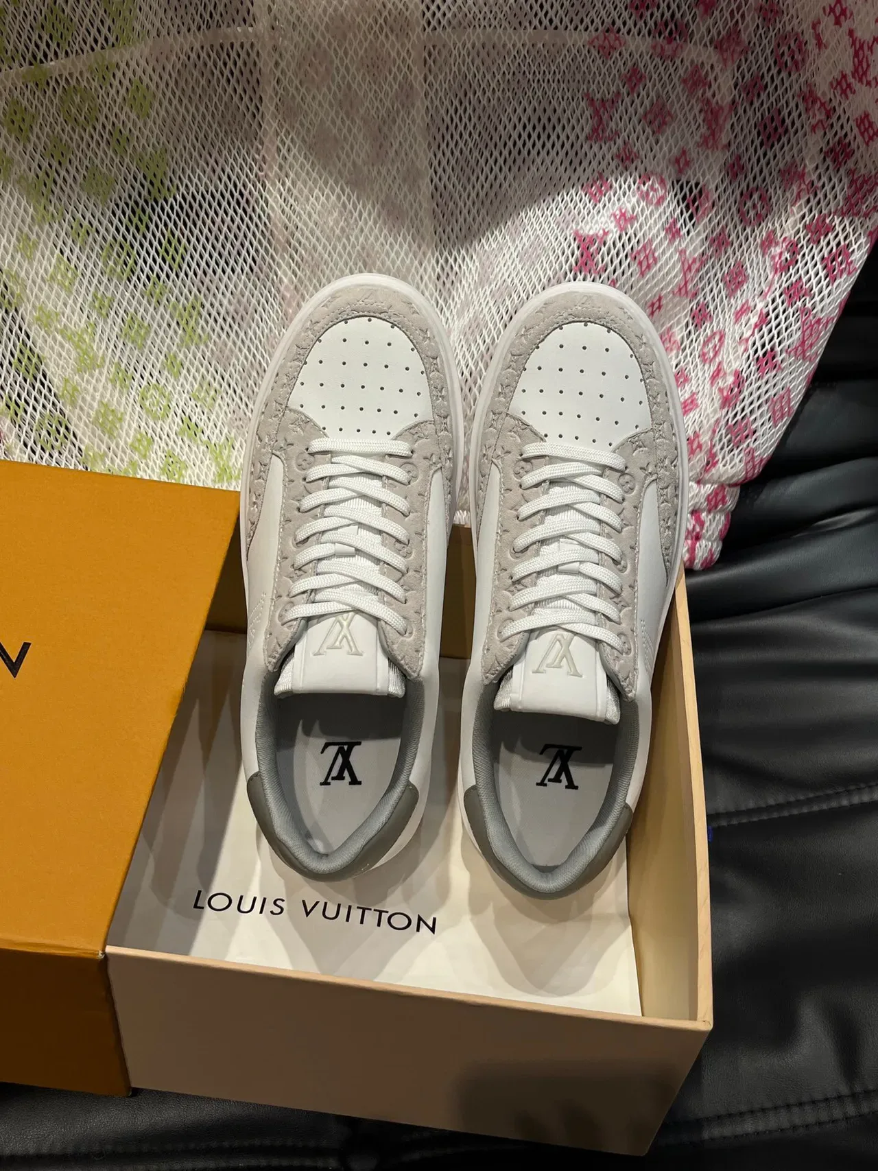 Louis Vuitton White Gray Perforated Monogram Side Logo Embossed LV Suede Lifestyle Sneakers 4