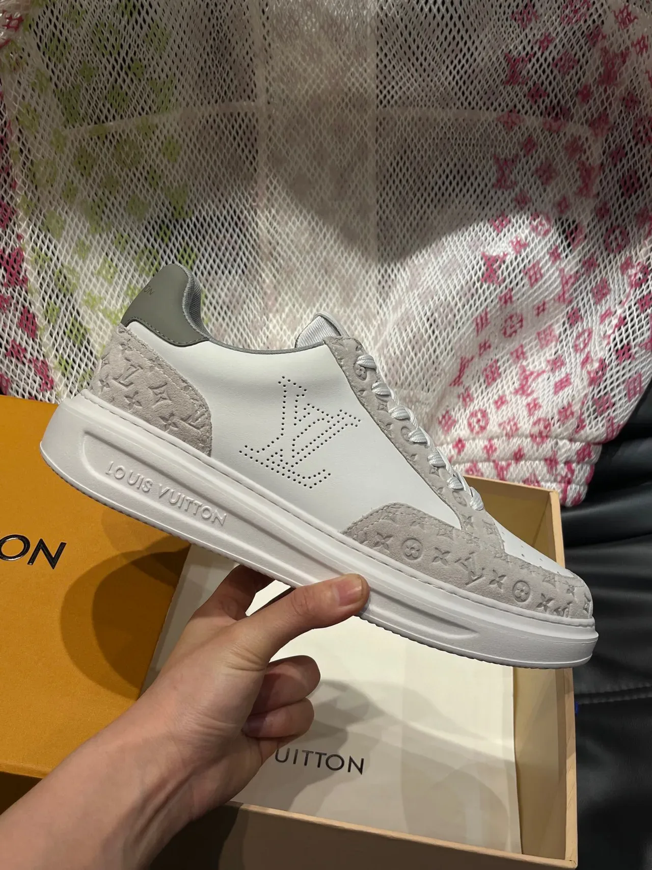 Louis Vuitton White Gray Perforated Monogram Side Logo Embossed LV Suede Lifestyle Sneakers 5