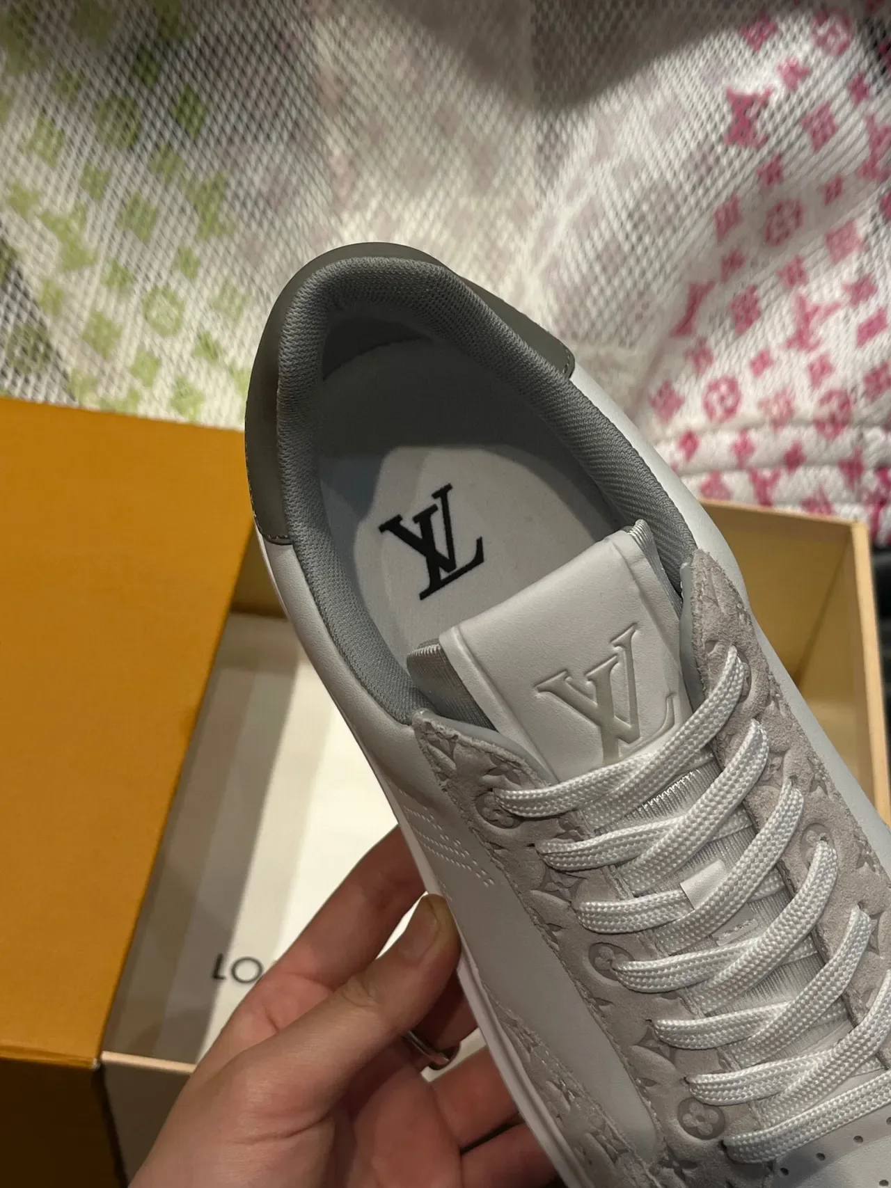 Louis Vuitton White Gray Perforated Monogram Side Logo Embossed LV Suede Lifestyle Sneakers 6