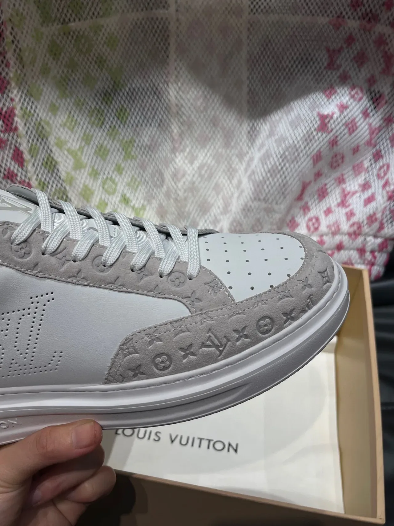 Louis Vuitton White Gray Perforated Monogram Side Logo Embossed LV Suede Lifestyle Sneakers 8