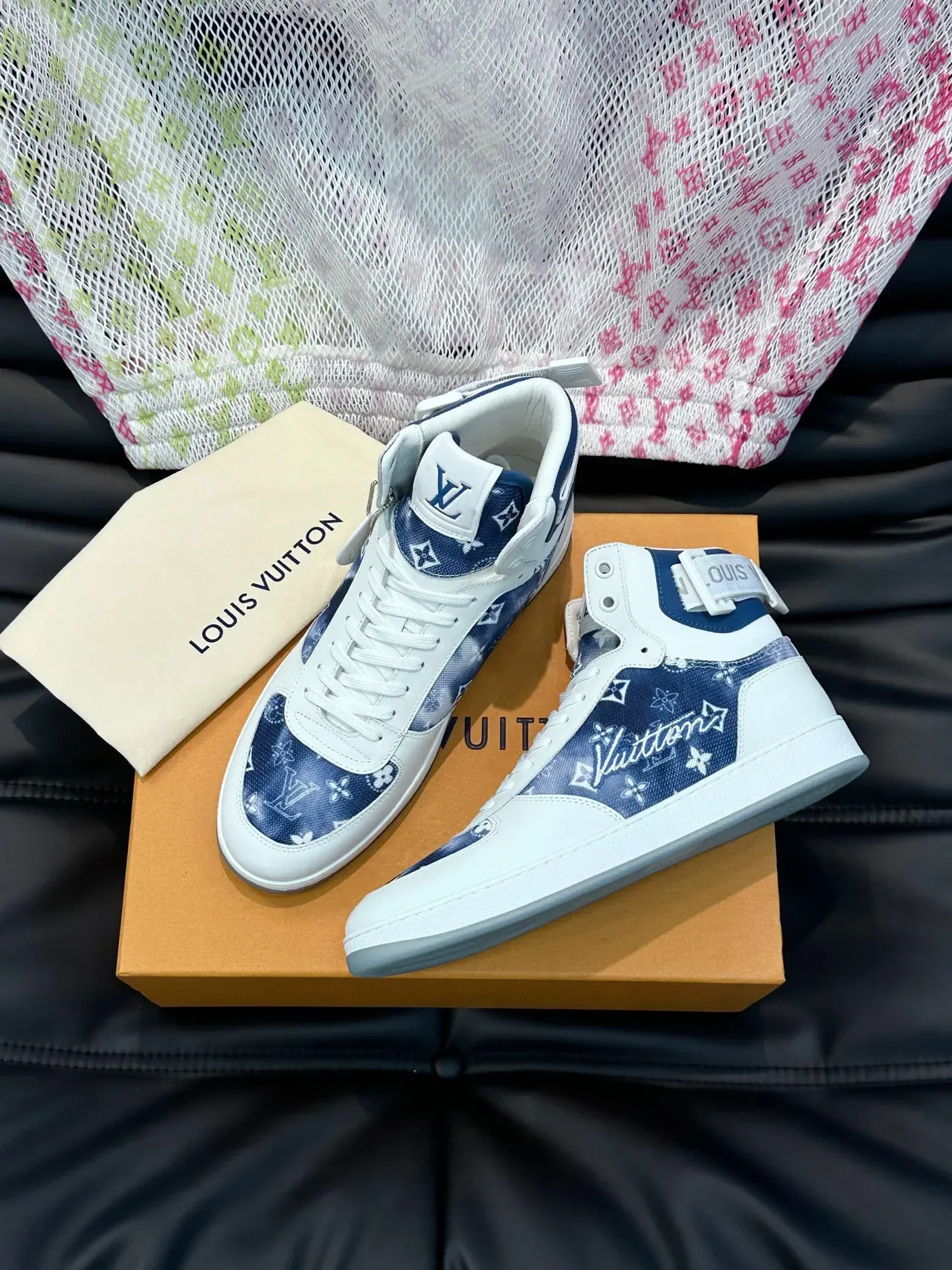 Louis Vuitton White Navy High-Top Monogram-Printed Lifestyle Sneakers 2