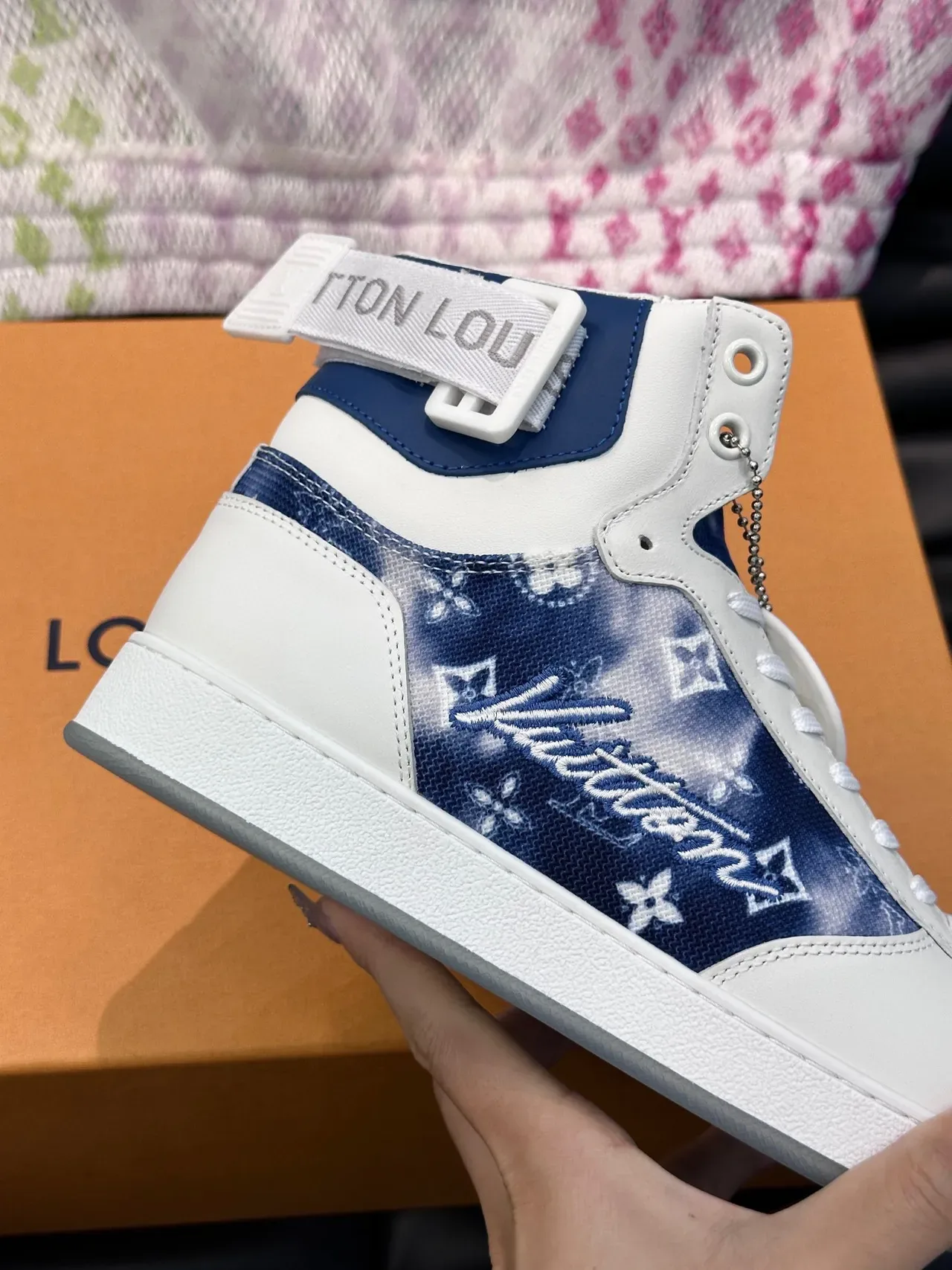 Louis Vuitton White Navy High-Top Monogram-Printed Lifestyle Sneakers 6
