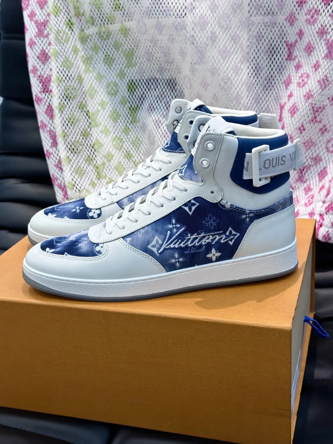 Louis Vuitton White Navy High-Top Monogram-Printed Lifestyle Sneakers 8