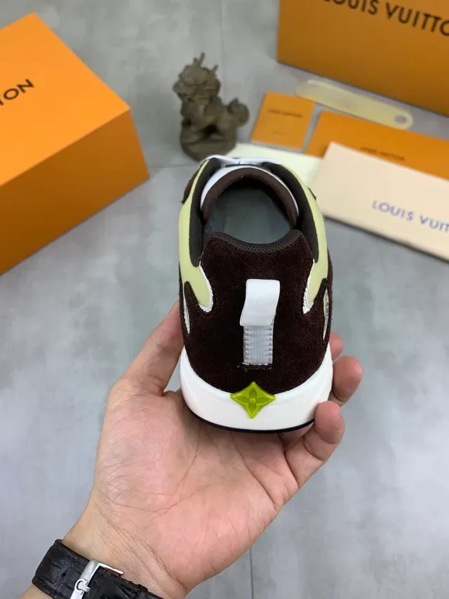 Louis Vuitton Yellow Brown Asymmetrical Panelled Suede-and-Fabric Lifestyle Sneakers 3