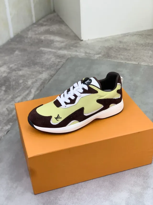 Louis Vuitton Yellow Brown Asymmetrical Panelled Suede-and-Fabric Lifestyle Sneakers 4