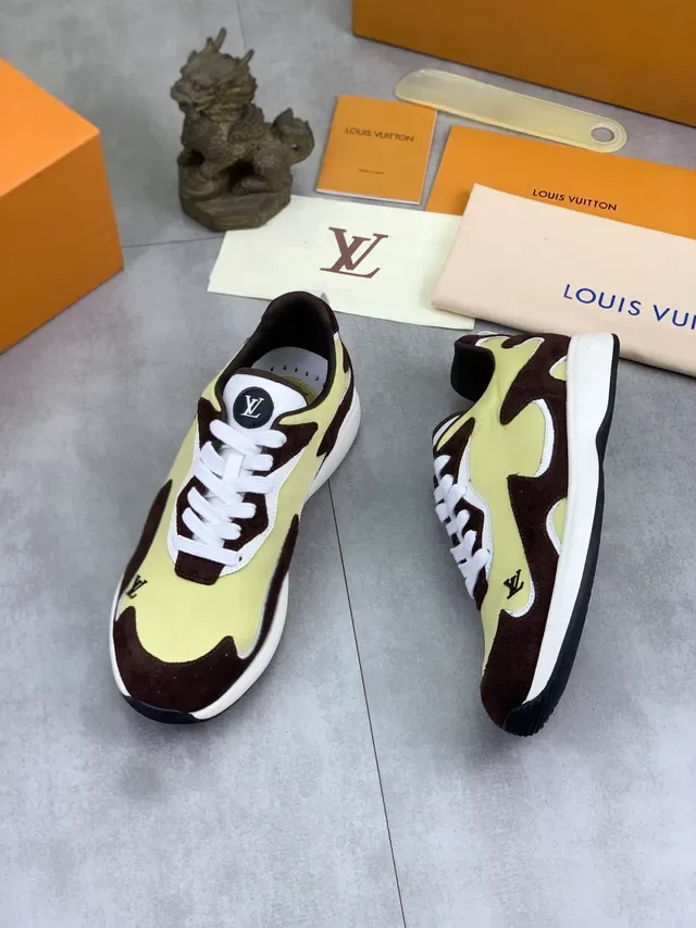 Louis Vuitton Yellow Brown Asymmetrical Panelled Suede-and-Fabric Lifestyle Sneakers 5