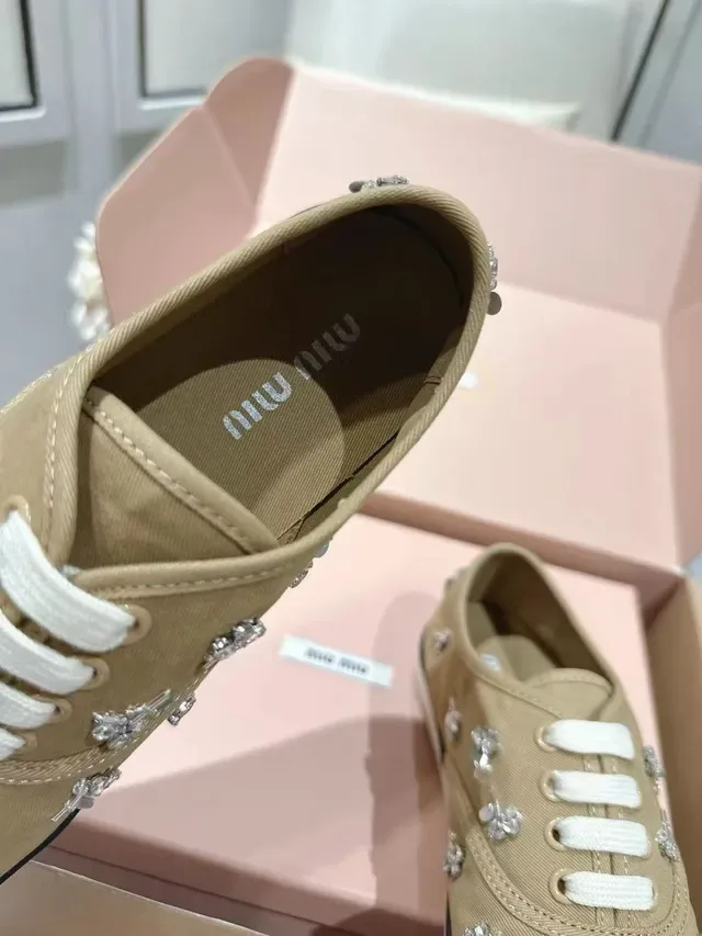 Miu Miu Beige White Embellished Crystal-Floral Sneakers 2