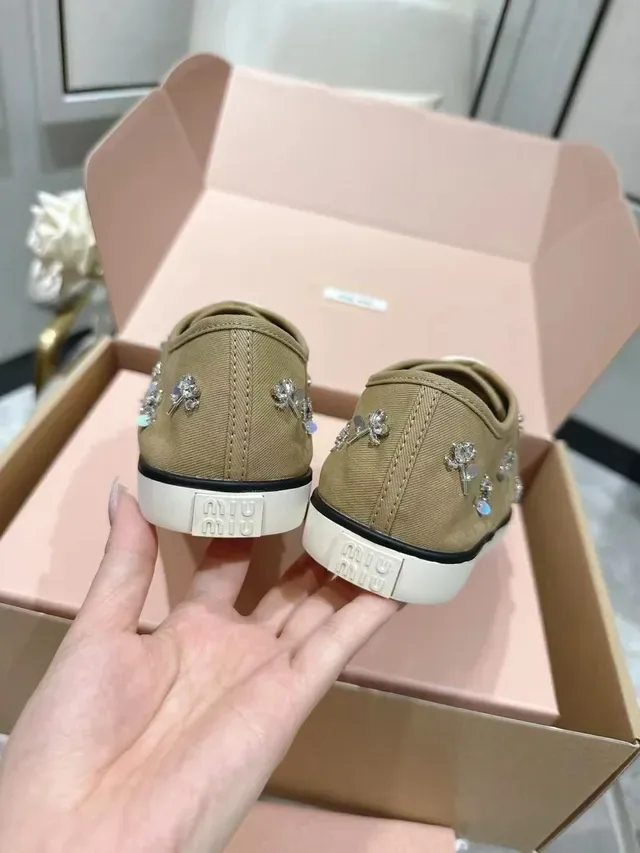 Miu Miu Beige White Embellished Crystal-Floral Sneakers 3