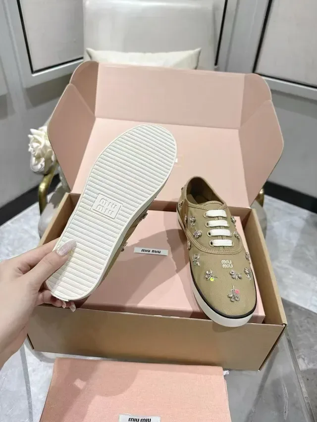 Miu Miu Beige White Embellished Crystal-Floral Sneakers 4