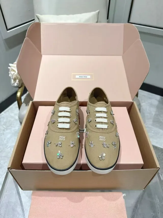 Miu Miu Beige White Embellished Crystal-Floral Sneakers 5