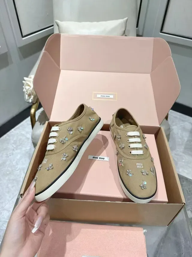 Miu Miu Beige White Embellished Crystal-Floral Sneakers 6