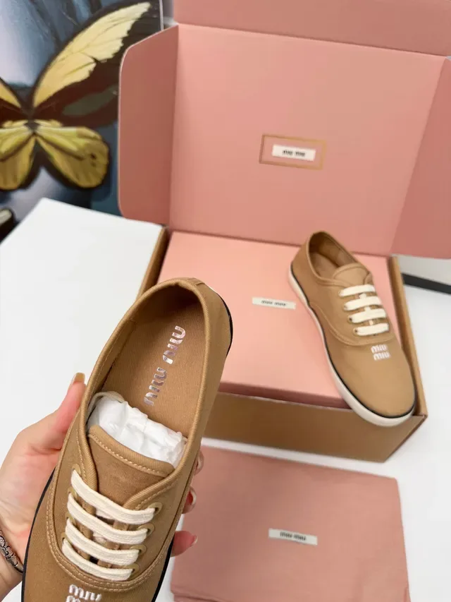 Miu Miu Beige White Low-Top Canvas Upper Sneakers 2