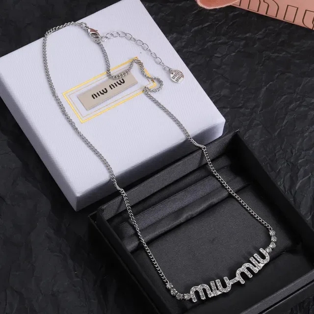 Miu Miu Crystal-Embellished Logo Pendant Necklace 4