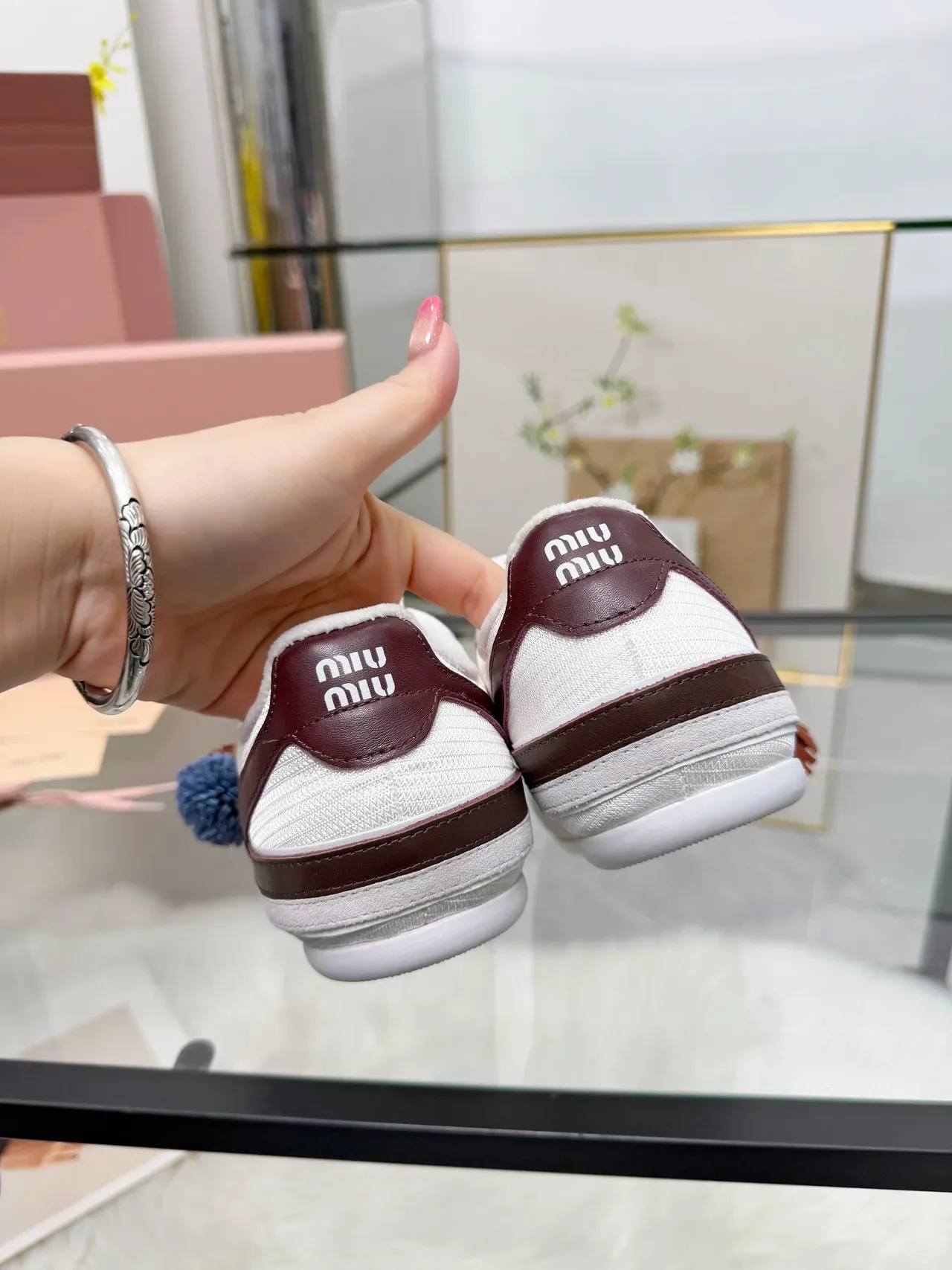 Miu Miu White Burgundy Suede And Mesh Upper Leather Side Stripe Lifestyle Sneakers 2