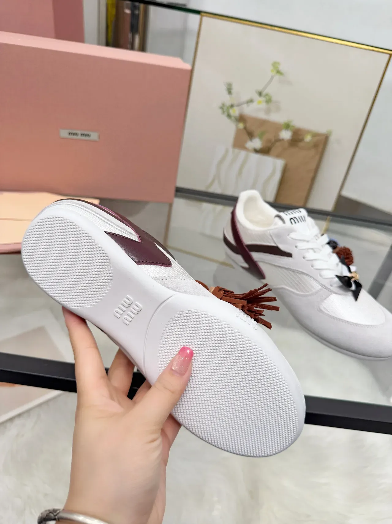 Miu Miu White Burgundy Suede And Mesh Upper Leather Side Stripe Lifestyle Sneakers 3