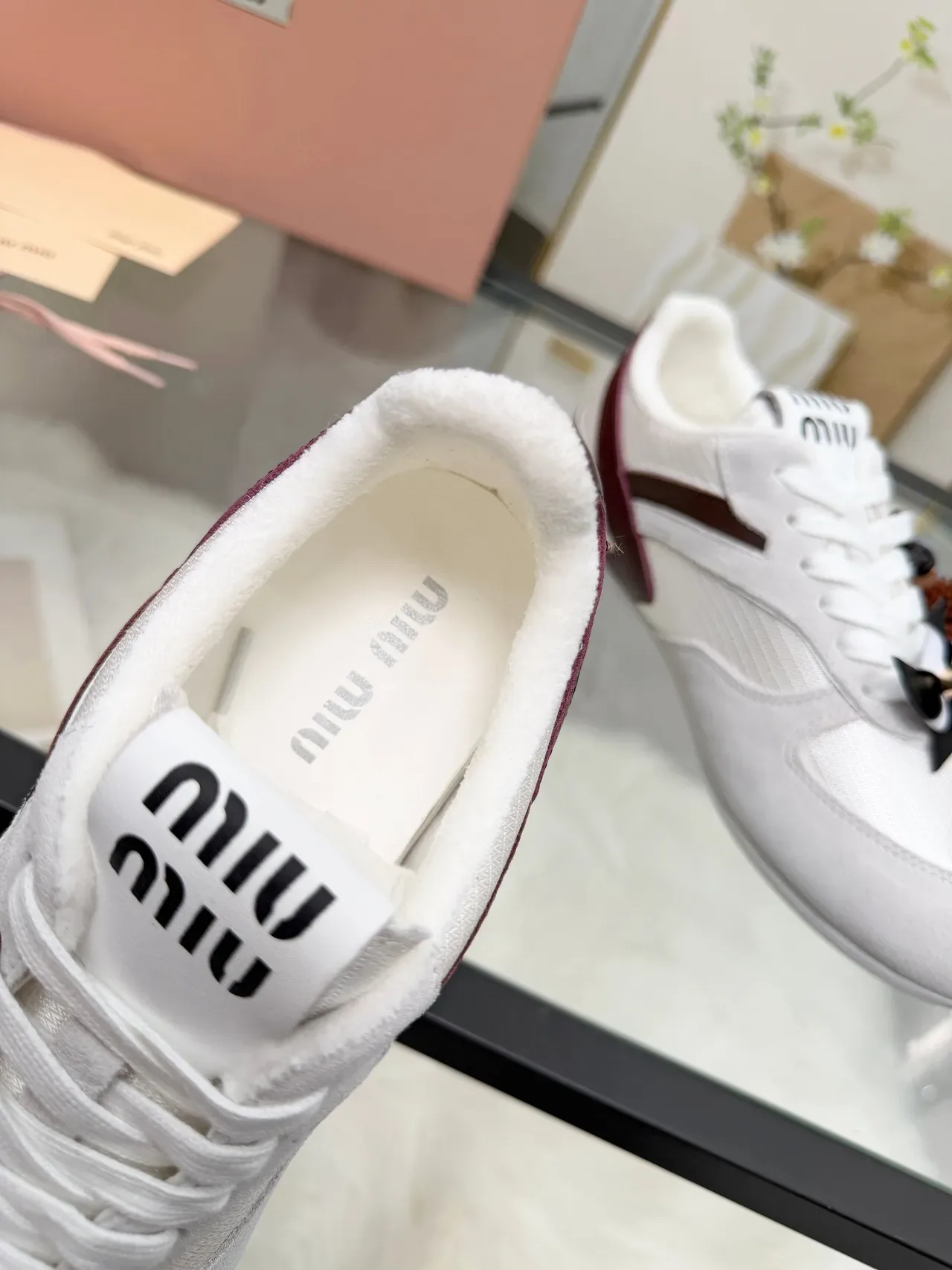 Miu Miu White Burgundy Suede And Mesh Upper Leather Side Stripe Lifestyle Sneakers 4