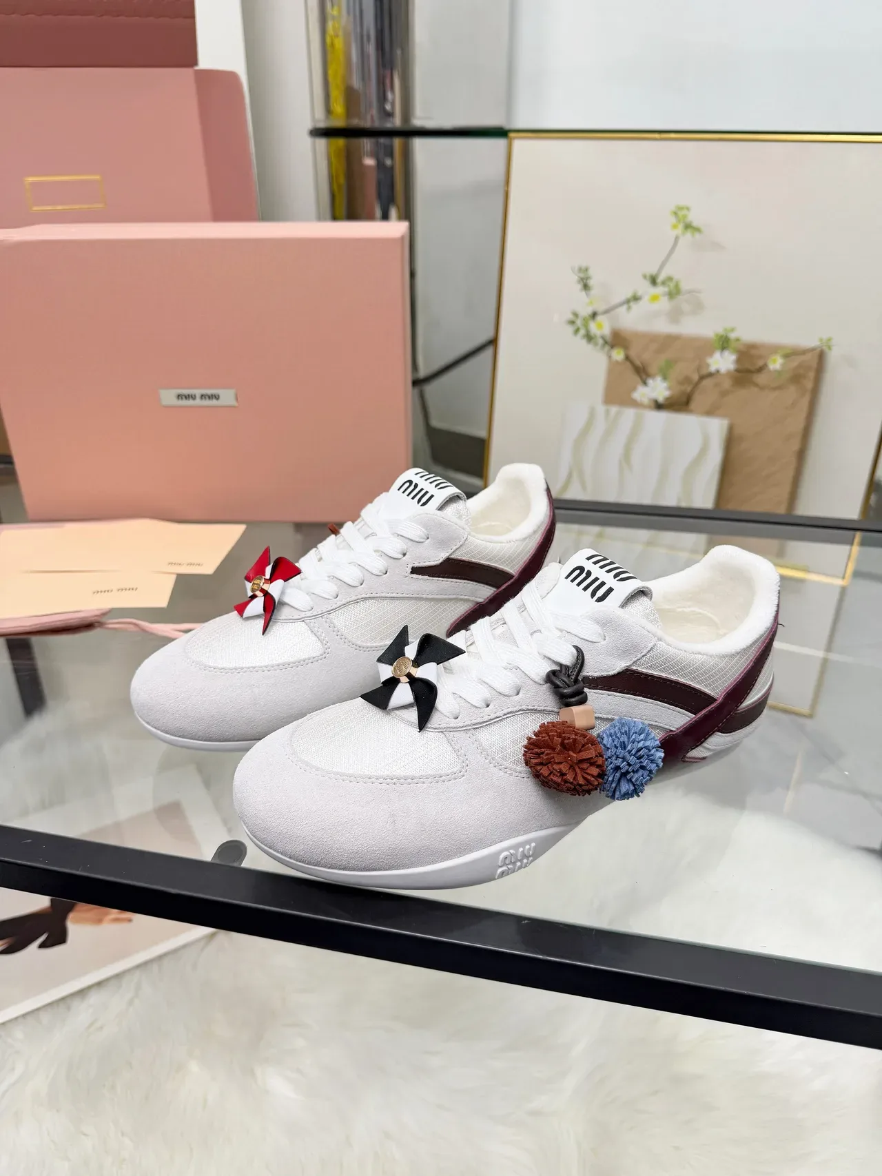 Miu Miu White Burgundy Suede And Mesh Upper Leather Side Stripe Lifestyle Sneakers 5