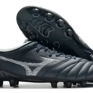 Mizuno Black White Quilted Leather Upper Stitched Panel Construction Firm-Ground Soccer Shoes